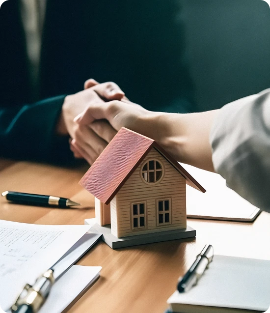 Two people sealing agreement over house symbolizing insurance coverage and property protection